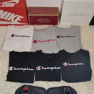 Boys Champions Lot 6 tee shirts and 1 pair of slides.